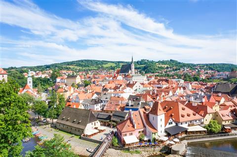 チェスキー・クルムロフの街並み（空撮）